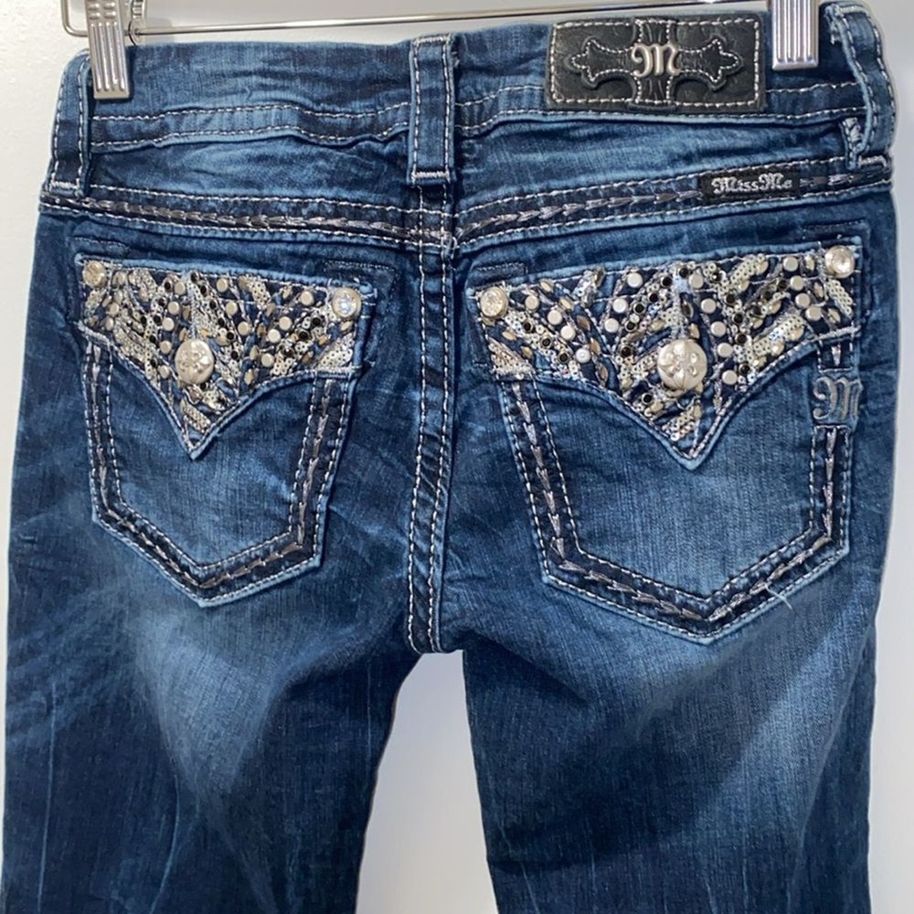 Miss‎ Me Dark Wash Signature Skinny Distressed Shiny Stitched Jeans 25